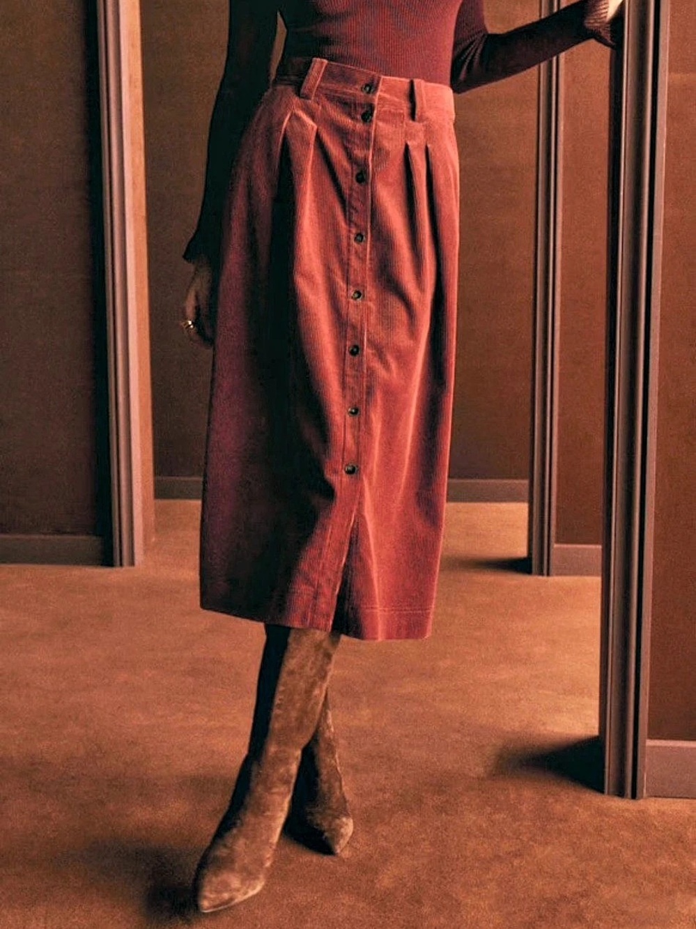 Sézane Clarine Skirt Corduroy Button-Front Midi Red Size 44/US 12 - Picture 2 of 6
